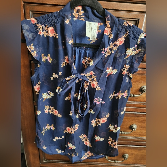 Floral Sheer Navy Long Sleeve Blouse